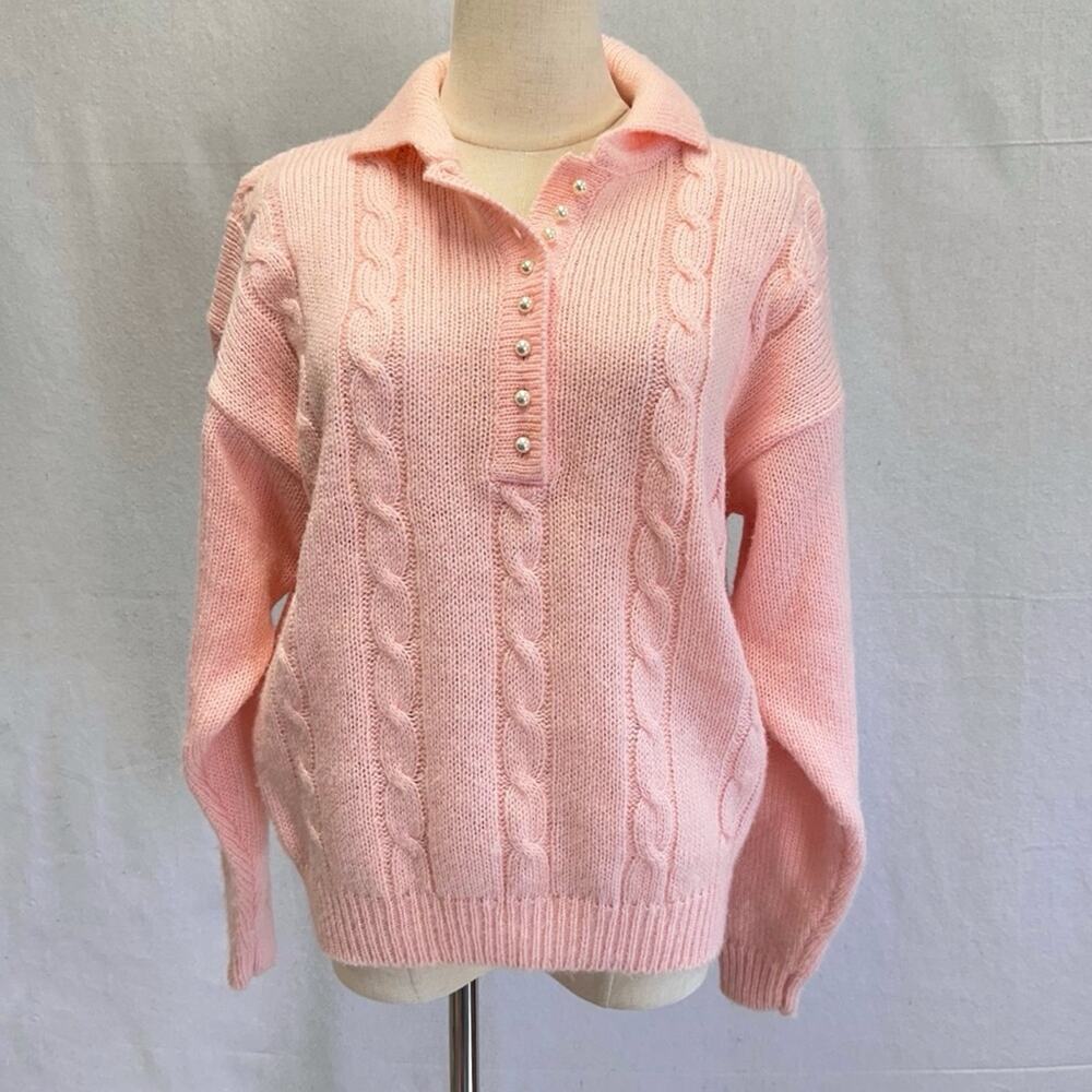 Vintage‎ Pink Cableknit 1/4 Pearl Button Popover Polo Sweater Size Large